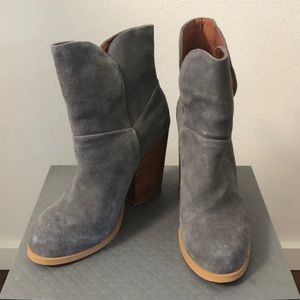 Grey suede boots with side split opening at ankle